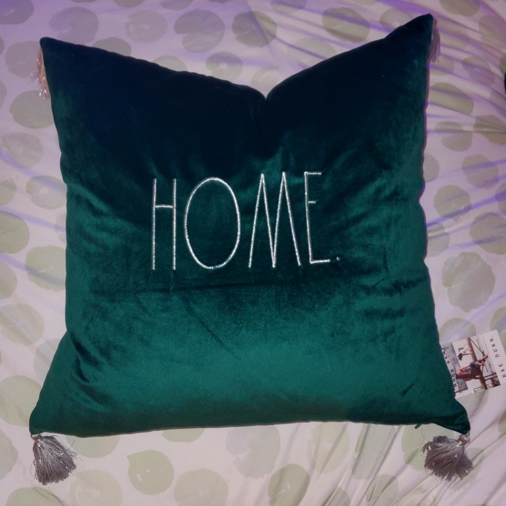 Rae Dunn Emerald Green Velvet Couch Pillow, 20x20, gray tassels